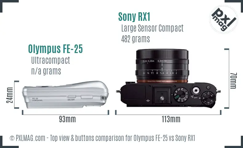 Olympus FE-25 vs Sony RX1 top view buttons comparison