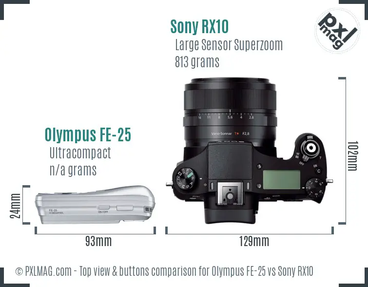 Olympus FE-25 vs Sony RX10 top view buttons comparison