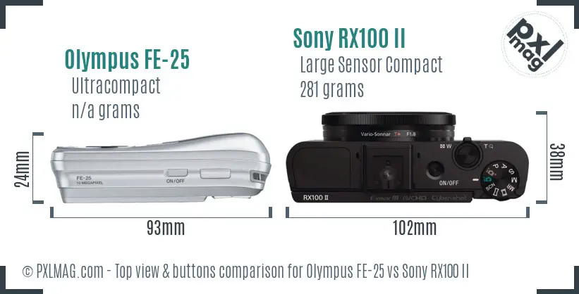 Olympus FE-25 vs Sony RX100 II top view buttons comparison