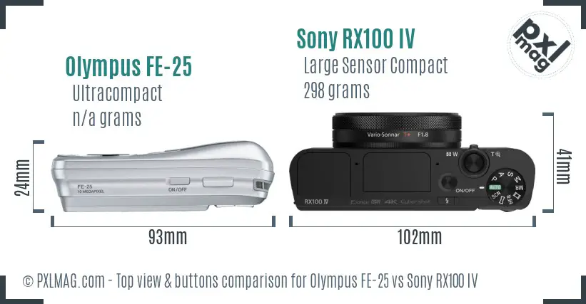 Olympus FE-25 vs Sony RX100 IV top view buttons comparison