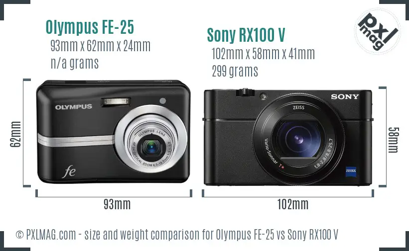 Olympus FE-25 vs Sony RX100 V size comparison