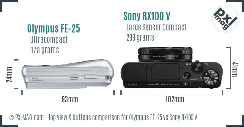 Olympus FE-25 vs Sony RX100 V top view buttons comparison