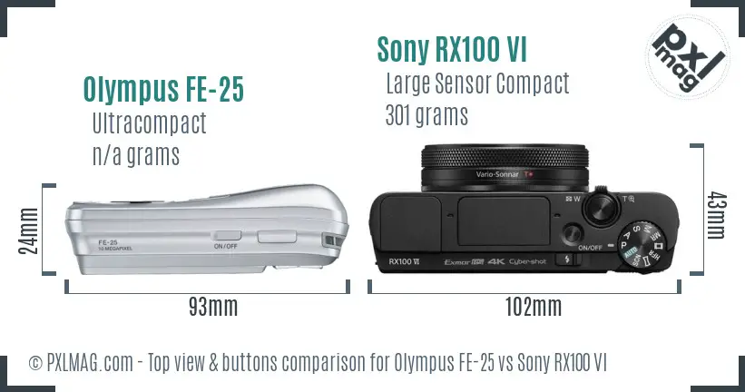 Olympus FE-25 vs Sony RX100 VI top view buttons comparison Olympus FE-25 vs Sony RX100 VI top view buttons comparison