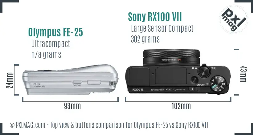 Olympus FE-25 vs Sony RX100 VII top view buttons comparison