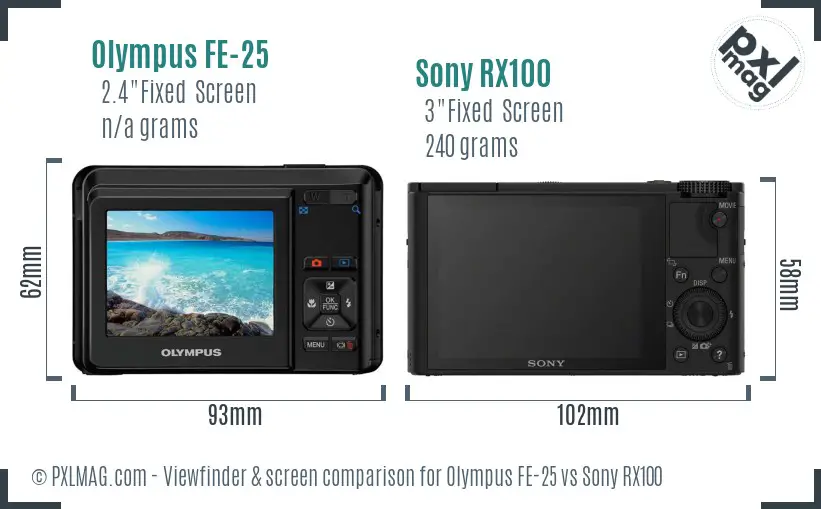 Olympus FE-25 vs Sony RX100 Screen and Viewfinder comparison