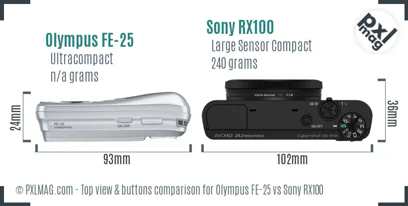 Olympus FE-25 vs Sony RX100 top view buttons comparison