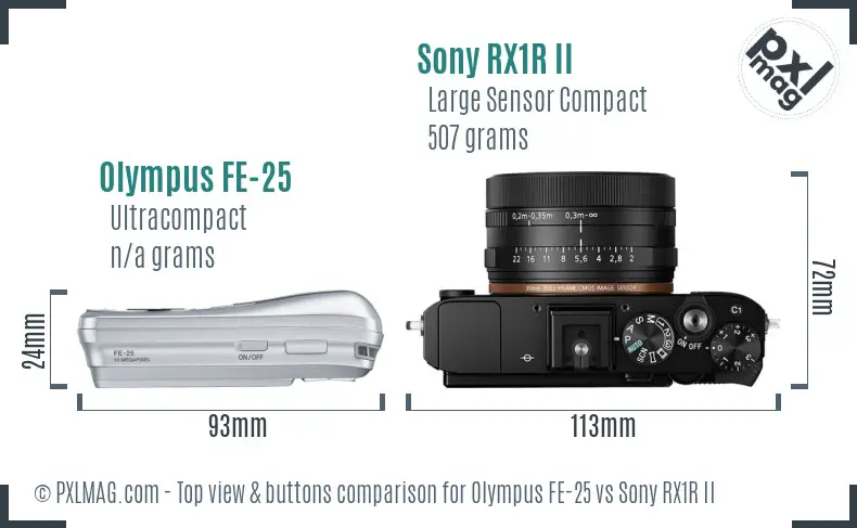 Olympus FE-25 vs Sony RX1R II top view buttons comparison
