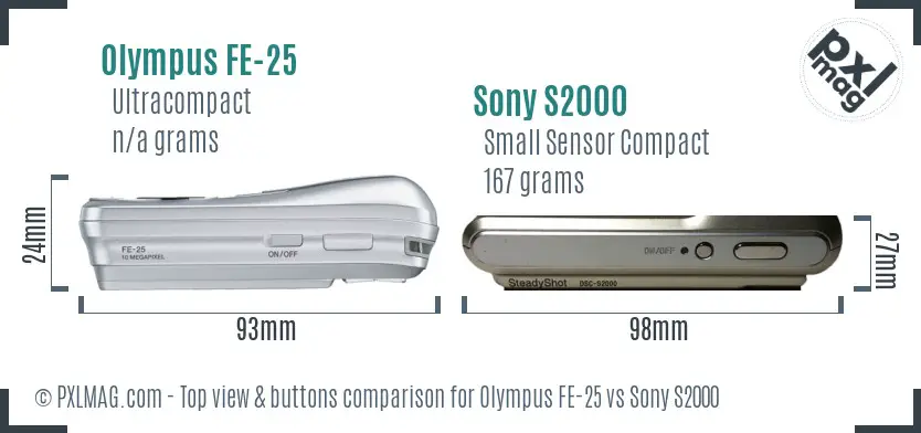 Olympus FE-25 vs Sony S2000 top view buttons comparison