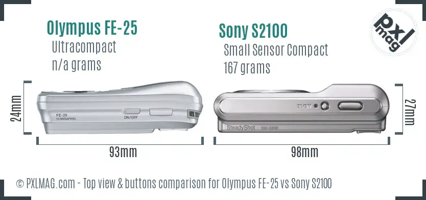 Olympus FE-25 vs Sony S2100 top view buttons comparison