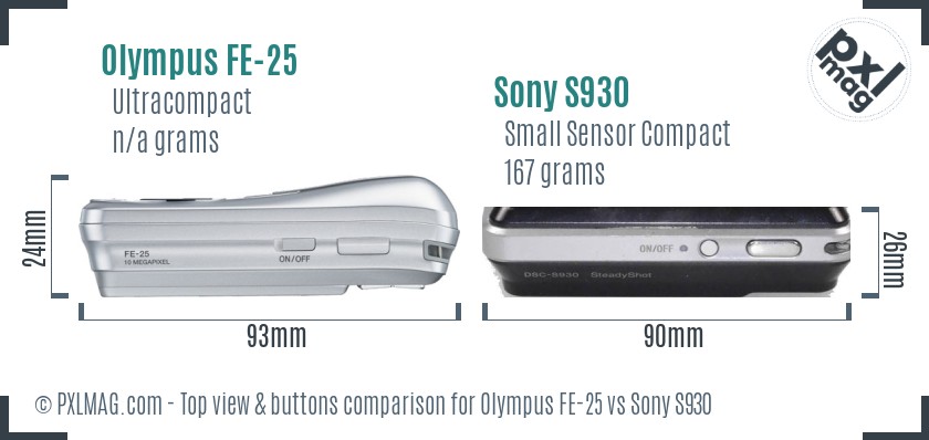 Olympus FE-25 vs Sony S930 top view buttons comparison