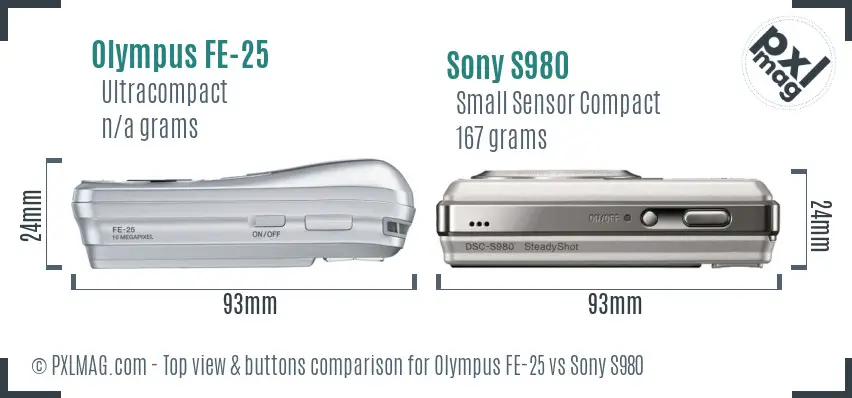 Olympus FE-25 vs Sony S980 top view buttons comparison