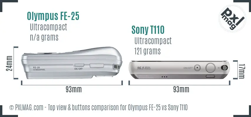 Olympus FE-25 vs Sony T110 top view buttons comparison