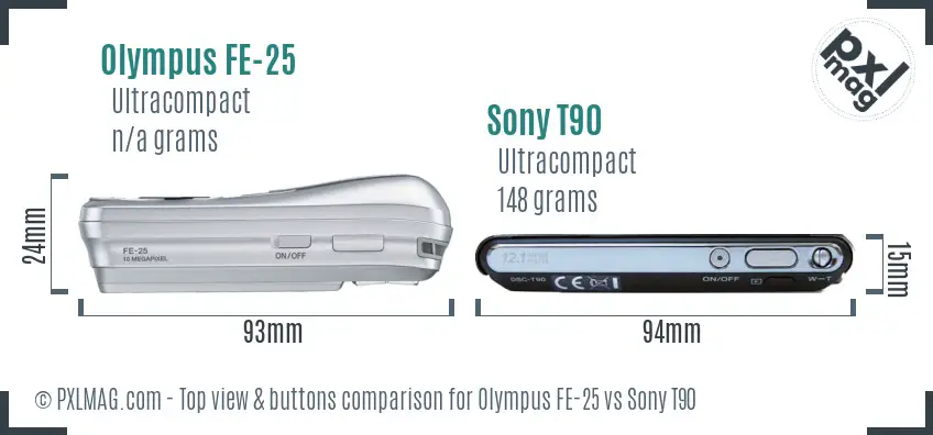 Olympus FE-25 vs Sony T90 top view buttons comparison
