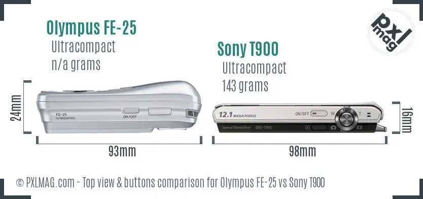 Olympus FE-25 vs Sony T900 top view buttons comparison