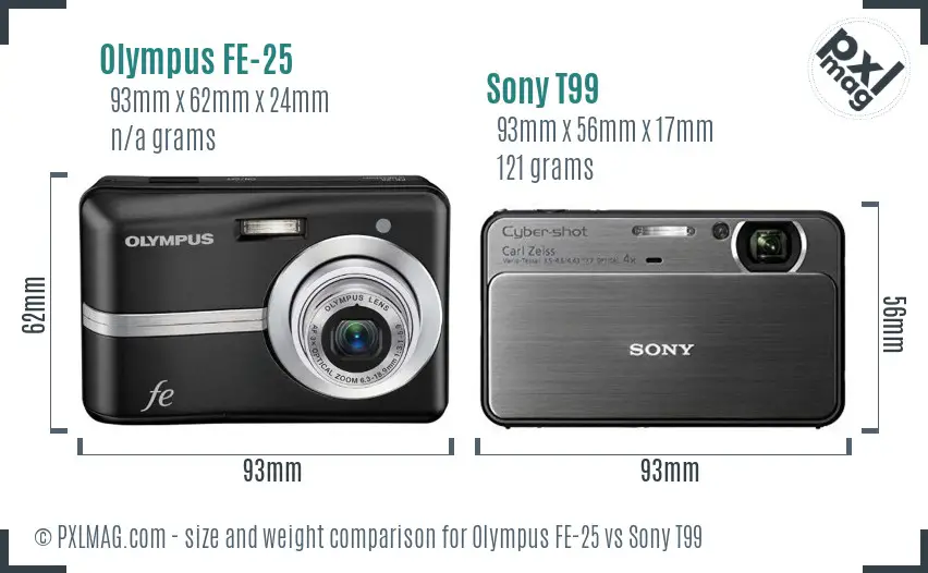 Olympus FE-25 vs Sony T99 size comparison