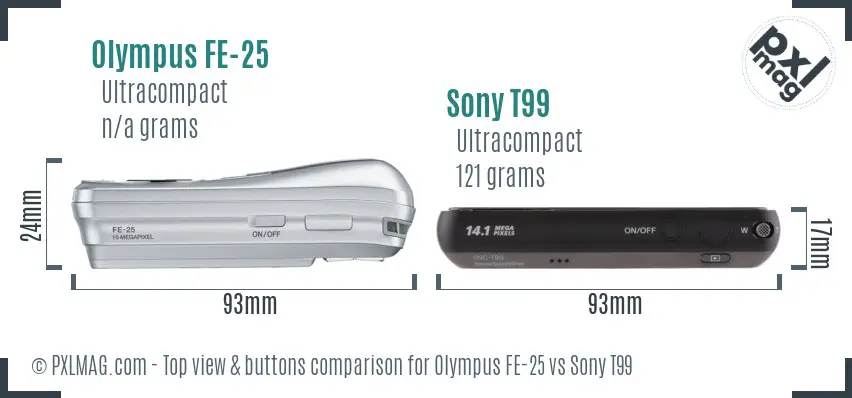 Olympus FE-25 vs Sony T99 top view buttons comparison