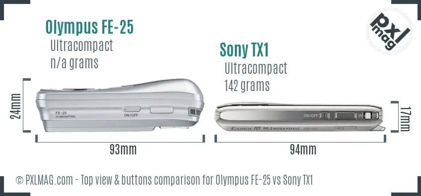Olympus FE-25 vs Sony TX1 top view buttons comparison