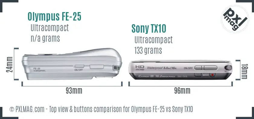 Olympus FE-25 vs Sony TX10 top view buttons comparison