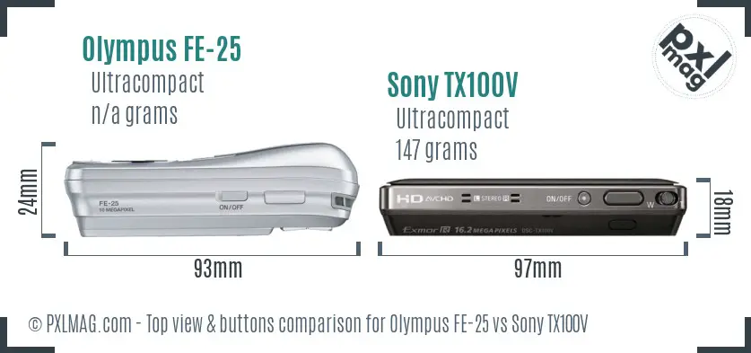 Olympus FE-25 vs Sony TX100V top view buttons comparison