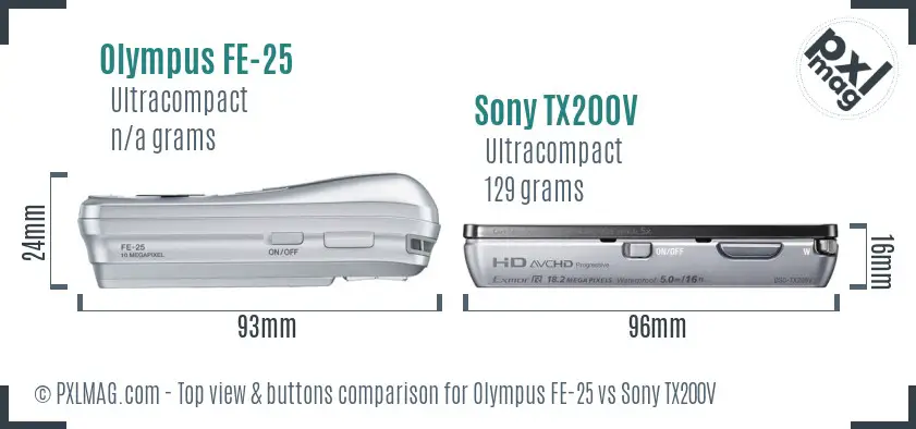 Olympus FE-25 vs Sony TX200V top view buttons comparison