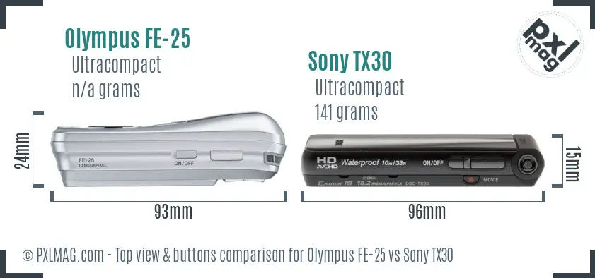 Olympus FE-25 vs Sony TX30 top view buttons comparison