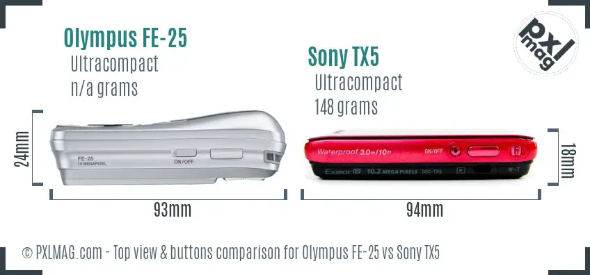 Olympus FE-25 vs Sony TX5 top view buttons comparison