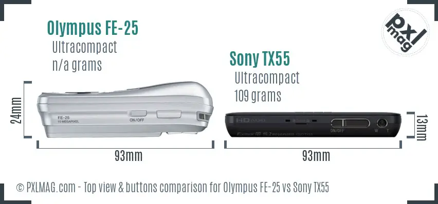 Olympus FE-25 vs Sony TX55 top view buttons comparison
