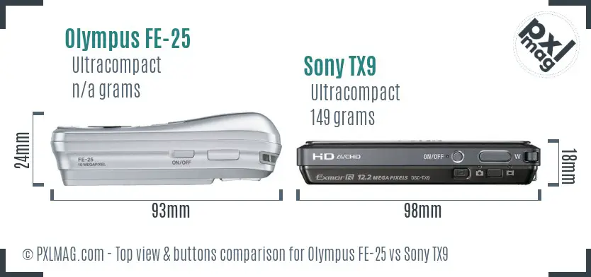 Olympus FE-25 vs Sony TX9 top view buttons comparison