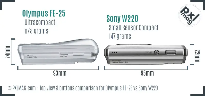 Olympus FE-25 vs Sony W220 top view buttons comparison Olympus FE-25 vs Sony W220 top view buttons comparison