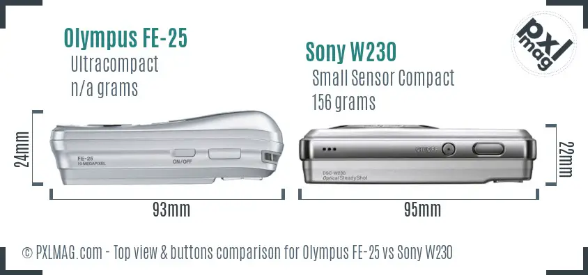 Olympus FE-25 vs Sony W230 top view buttons comparison