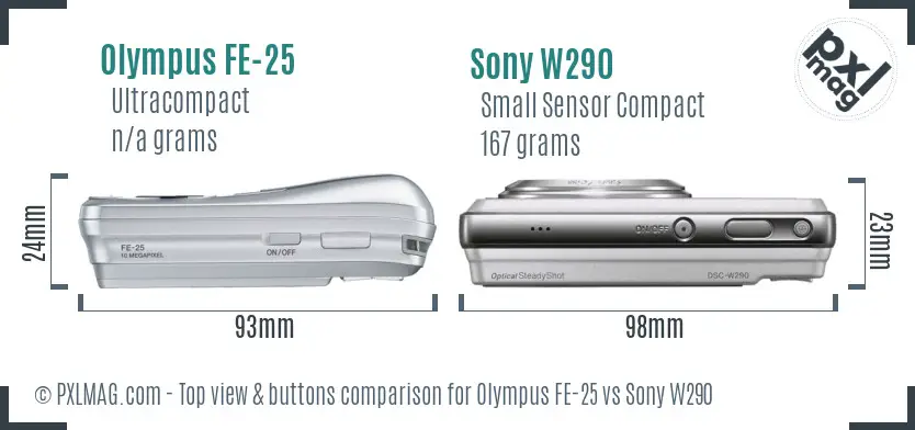Olympus FE-25 vs Sony W290 top view buttons comparison
