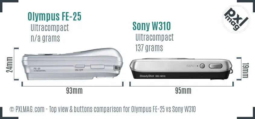 Olympus FE-25 vs Sony W310 top view buttons comparison