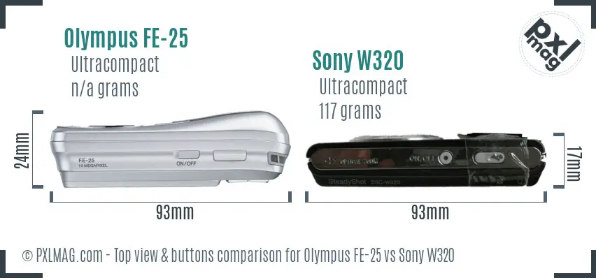 Olympus FE-25 vs Sony W320 top view buttons comparison Olympus FE-25 vs Sony W320 top view buttons comparison