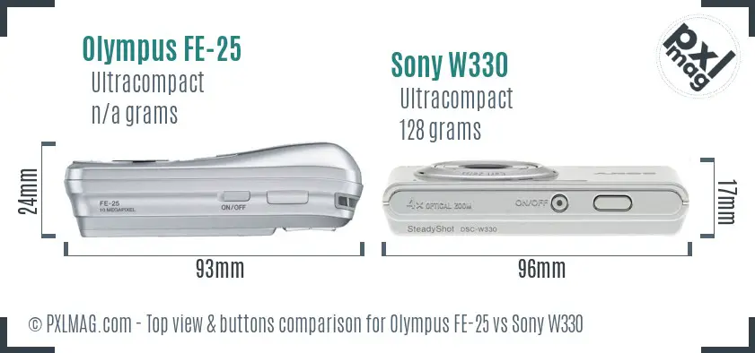 Olympus FE-25 vs Sony W330 top view buttons comparison Olympus FE-25 vs Sony W330 top view buttons comparison