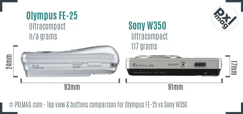 Olympus FE-25 vs Sony W350 top view buttons comparison