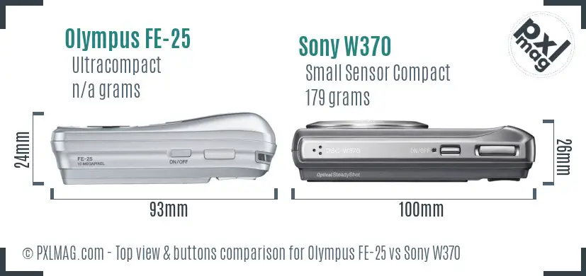 Olympus FE-25 vs Sony W370 top view buttons comparison