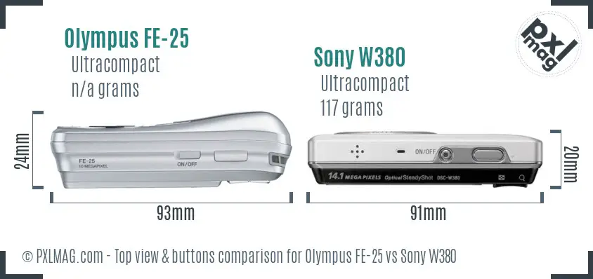 Olympus FE-25 vs Sony W380 top view buttons comparison Olympus FE-25 vs Sony W380 top view buttons comparison