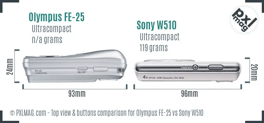 Olympus FE-25 vs Sony W510 top view buttons comparison