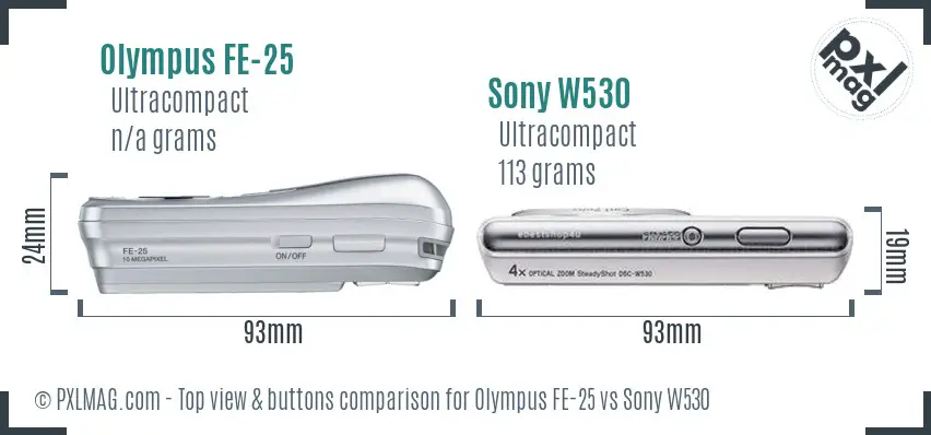 Olympus FE-25 vs Sony W530 top view buttons comparison
