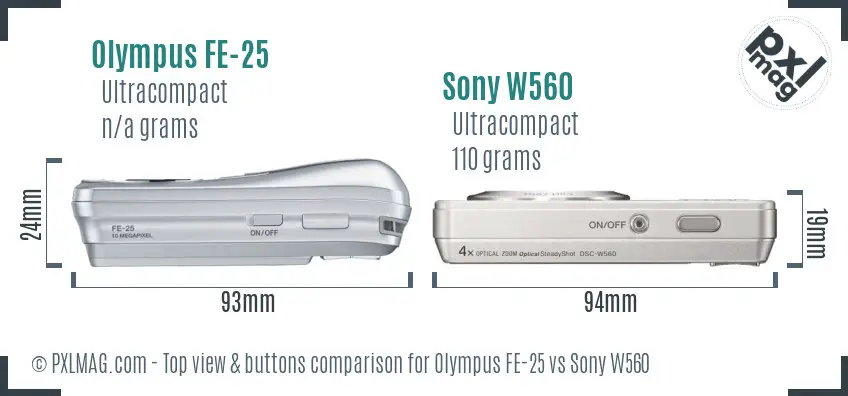 Olympus FE-25 vs Sony W560 top view buttons comparison Olympus FE-25 vs Sony W560 top view buttons comparison