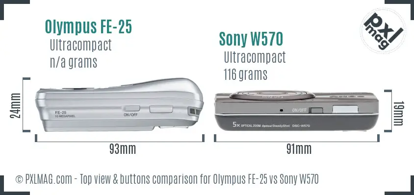 Olympus FE-25 vs Sony W570 top view buttons comparison