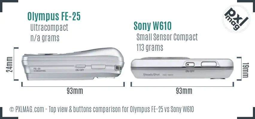 Olympus FE-25 vs Sony W610 top view buttons comparison