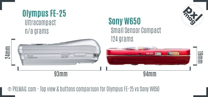 Olympus FE-25 vs Sony W650 top view buttons comparison