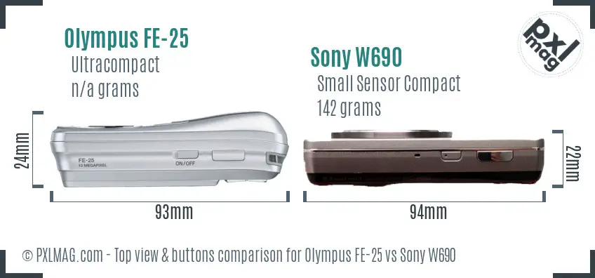 Olympus FE-25 vs Sony W690 top view buttons comparison Olympus FE-25 vs Sony W690 top view buttons comparison