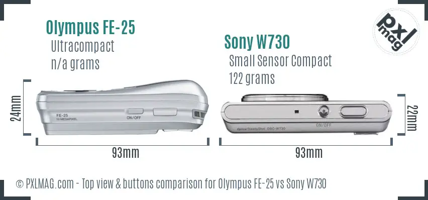 Olympus FE-25 vs Sony W730 top view buttons comparison