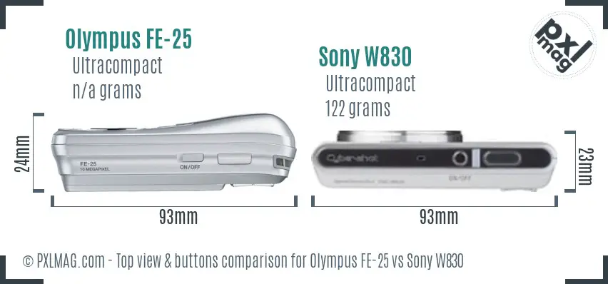 Olympus FE-25 vs Sony W830 top view buttons comparison