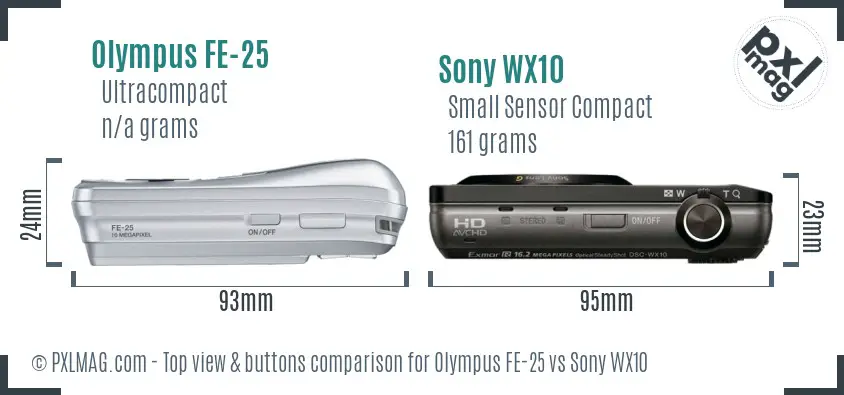 Olympus FE-25 vs Sony WX10 top view buttons comparison