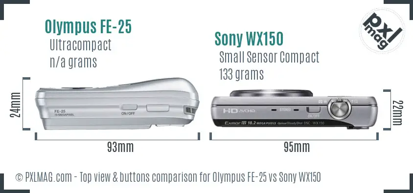 Olympus FE-25 vs Sony WX150 top view buttons comparison