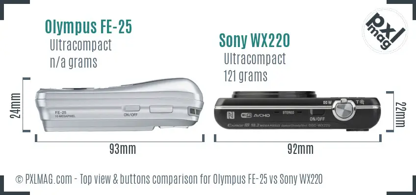 Olympus FE-25 vs Sony WX220 top view buttons comparison Olympus FE-25 vs Sony WX220 top view buttons comparison