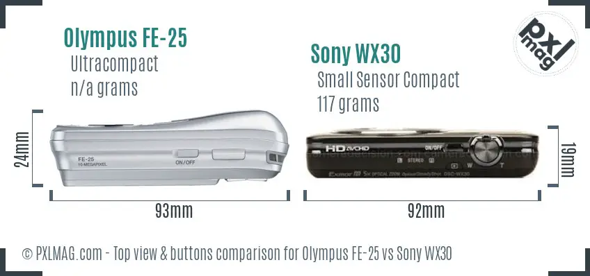 Olympus FE-25 vs Sony WX30 top view buttons comparison